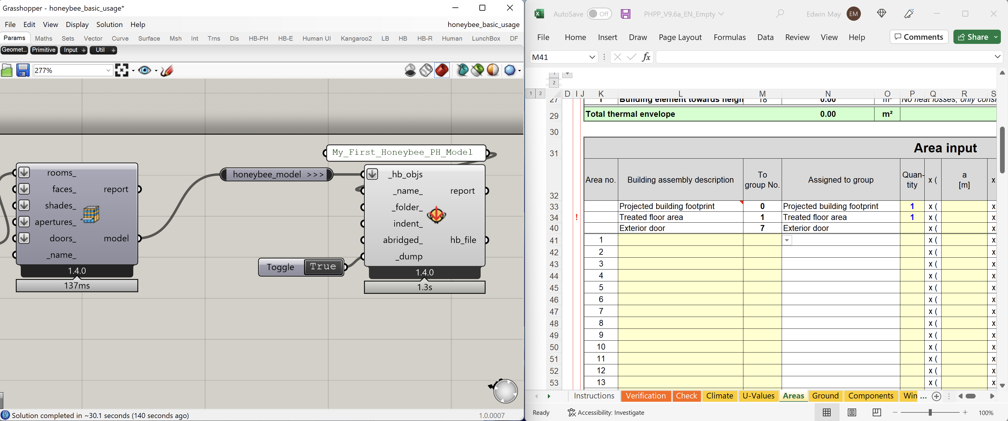 Open PHPP alongside the Grasshopper Model